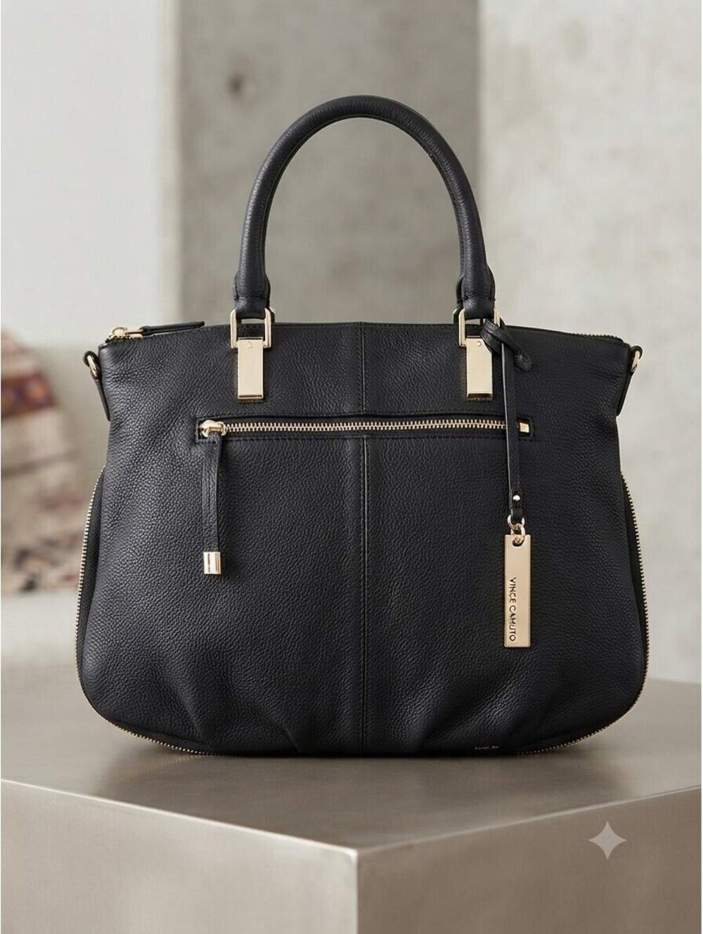 Vince Camuto Rina Satchel in Black Pebbled Leather